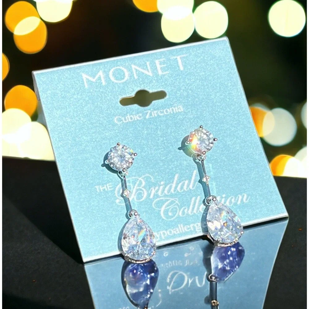 Monet Pear Shape Drop Earrings CZ Glam Wedding Holiday‎ Bride Elegant Bling